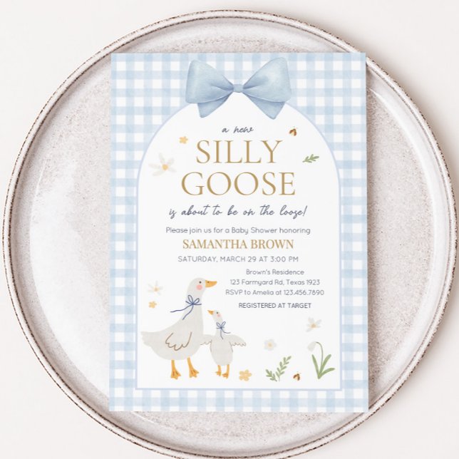 Invitación Baby Shower Blue Gingham Silly Goose (Silly Goose Gingham Baby Shower Invitation)