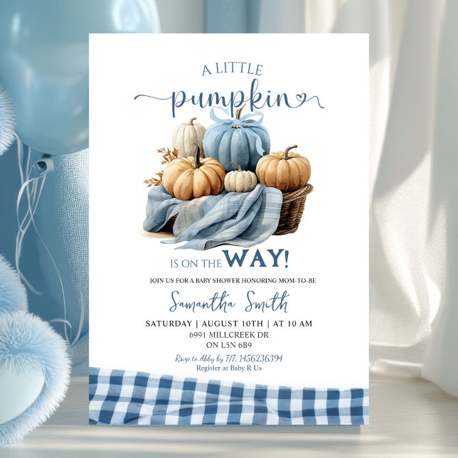 Invitación Baby Shower Blue Gingham Sweet Pumpkin (Subido por el creador)