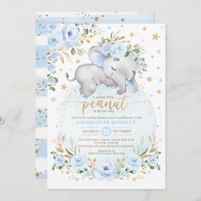 Invitación Baby Shower Blue Gold Elephant Floral Moon Stars (Anverso / Reverso)