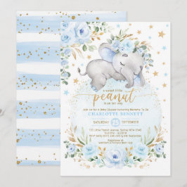 Invitación Baby Shower Blue Gold Elephant Floral Moon Stars