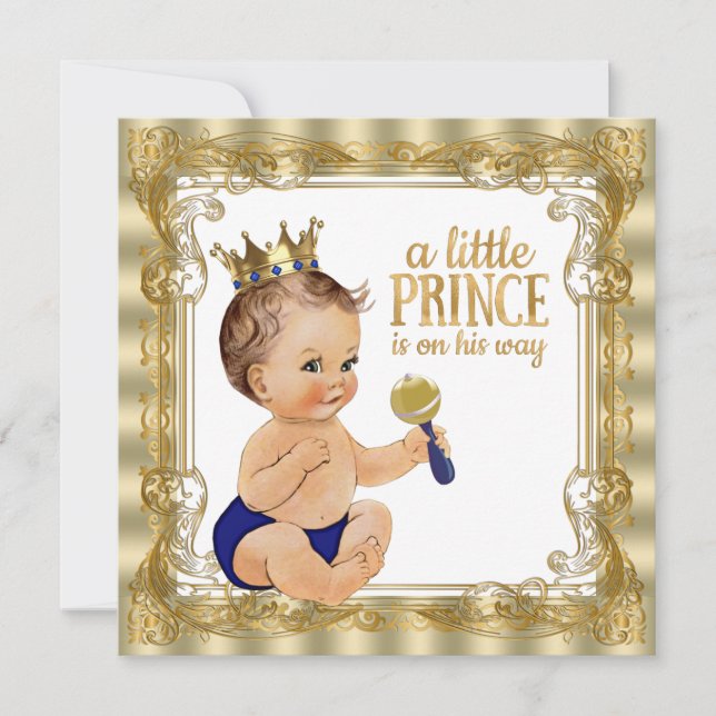 Invitación Baby Shower Blue Gold Prince (Anverso)