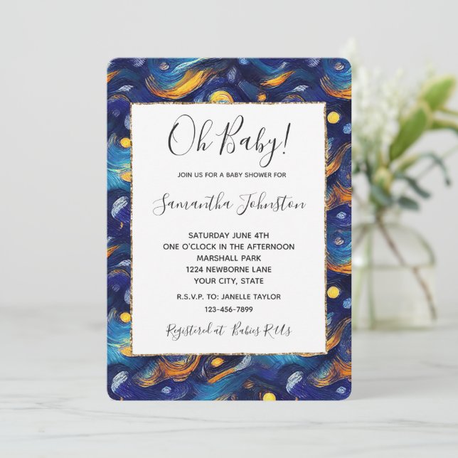 Invitación Baby Shower Blue Gold Starry Sky (Anverso de pie)