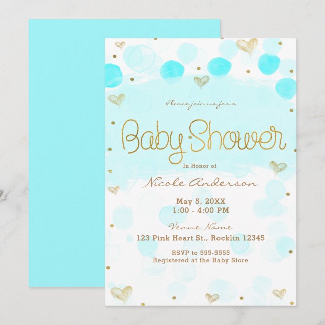 Invitación Baby Shower Blue Gold White Polka Dots & Hearts (Anverso / Reverso)