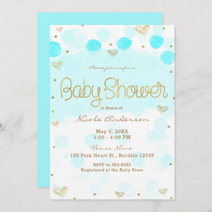 Invitación Baby Shower Blue Gold White Polka Dots & Hearts
