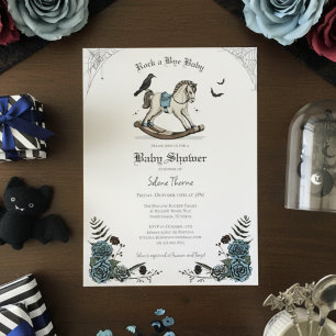 Invitación Baby Shower Blue Gothic Floral Rocking Horse