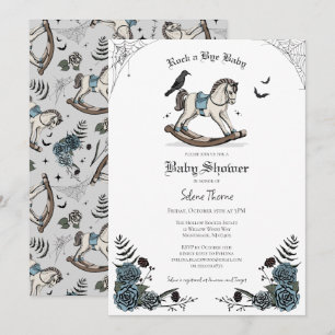 Invitación Baby Shower Blue Gothic Floral Rocking Horse