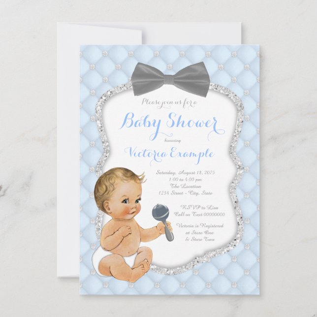 Invitación Baby Shower Blue Gray Bow Tie Boy (Anverso)