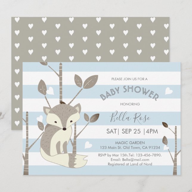 Invitación Baby Shower Blue Gray Stripes Fox Heart (Anverso / Reverso)