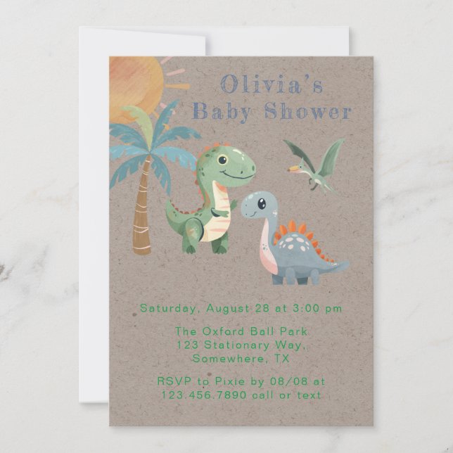Invitación Baby Shower Blue Green Dinosaur Boy (Anverso)