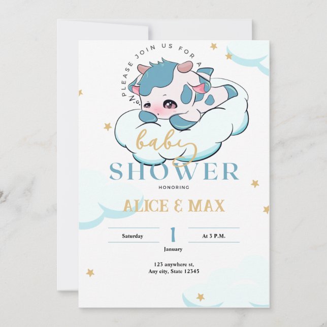 Invitación Baby Shower Blue Green Sleepy Cow White Cloud (Anverso)