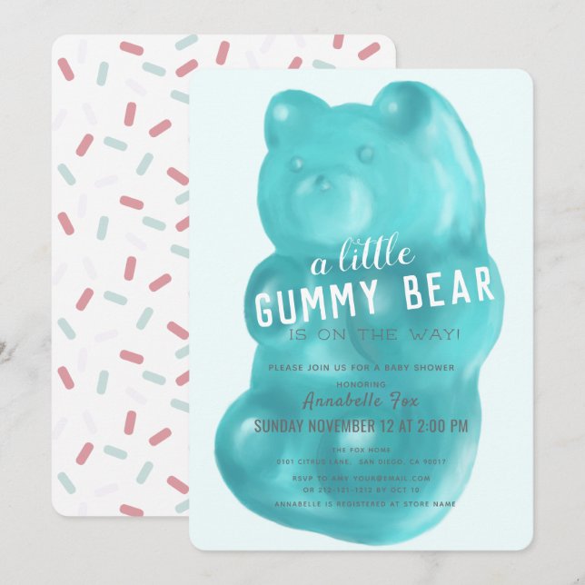 Invitación Baby Shower Blue Gummy Bear Boy (Anverso / Reverso)