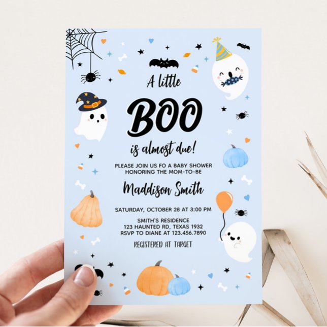 Invitación Baby Shower Blue Halloween Little Boo (Halloween Boy Ghost Baby Shower Invitation)