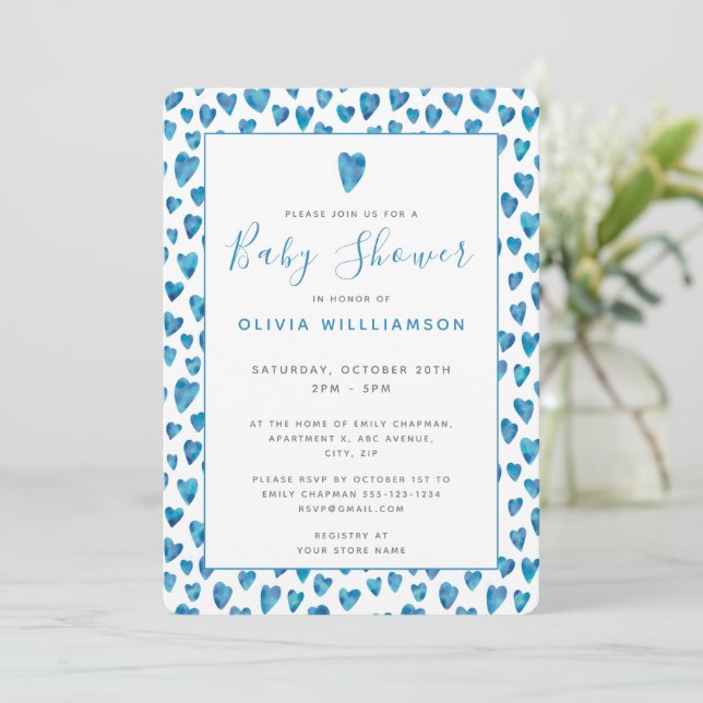 Invitación Baby Shower Blue Heart (Anverso de pie)