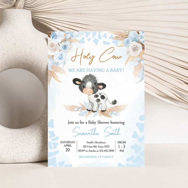 Invitación Baby Shower Blue Holy Cow (Boy Highland Cow Baby Shower Invitation)