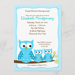 Invitación Baby Shower BLUE HOOT OWLS TWINS 5x7
