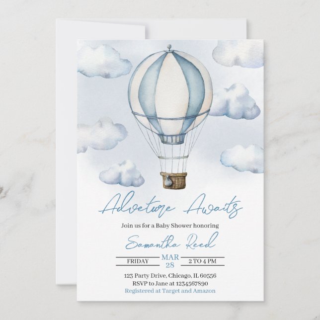 Invitación Baby Shower Blue Hot Air Balloon (Anverso)