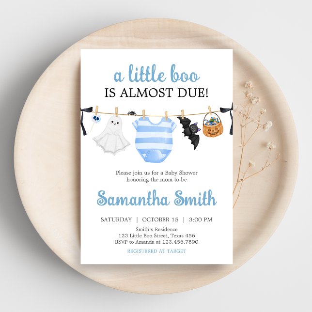 Invitación Baby Shower Blue Little Boo (Boy Little Boo Halloween Clothesline Baby Shower Invitation)