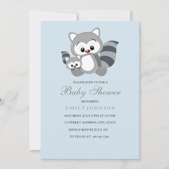 Invitación Baby Shower Blue Mom & Bub Racoon Boy (Anverso)