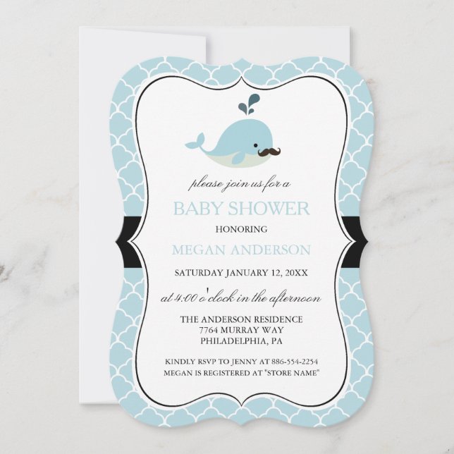 Invitación Baby Shower Blue Mustache Whale Cute Boy (Anverso)