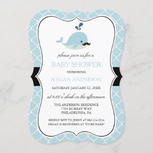 Invitación Baby Shower Blue Mustache Whale Cute Boy