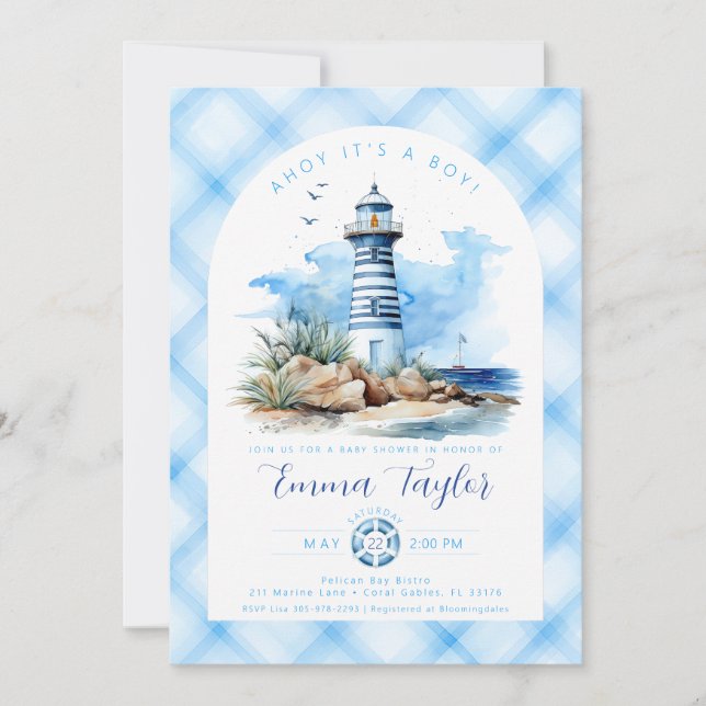 Invitación Baby Shower Blue Nautical Lighthouse Boy (Anverso)
