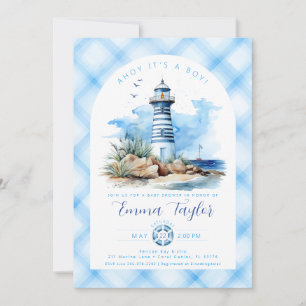 Invitación Baby Shower Blue Nautical Lighthouse Boy