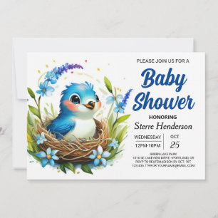 Invitación Baby Shower Blue Nest Elegant Bird Boy