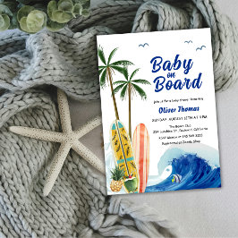 Invitación Baby Shower Blue Ocean Wave Surfboard