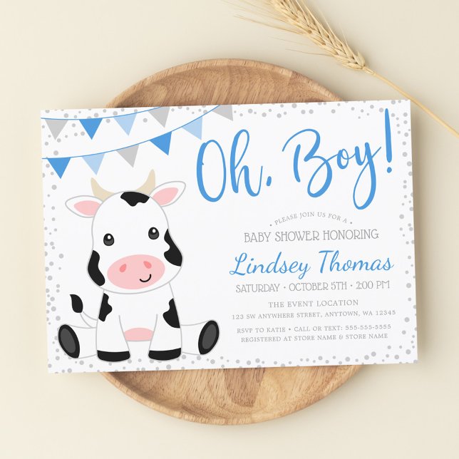Invitación Baby Shower Blue Oh Boy Cow (Subido por el creador)