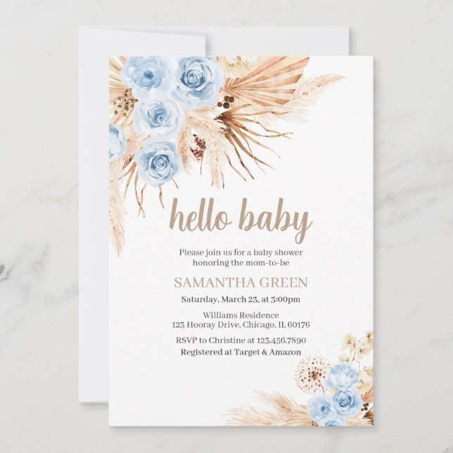 Invitación Baby Shower Blue Pampas Grass Boho (Anverso)