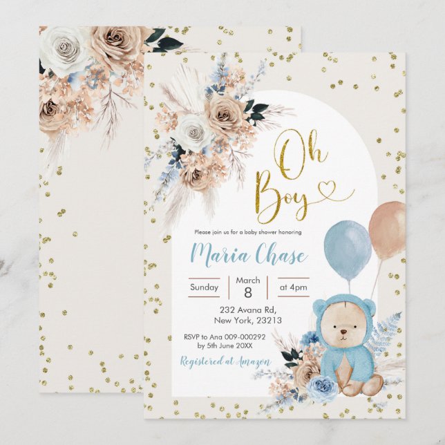 Invitación Baby Shower Blue Pampas Grass Boho Bear Boy (Anverso / Reverso)