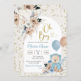 Invitación Baby Shower Blue Pampas Grass Boho Bear Boy