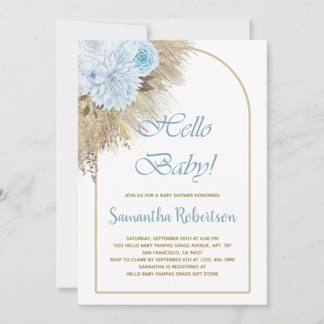 Invitación Baby Shower Blue Pampas Grass Boho Boy (Anverso)