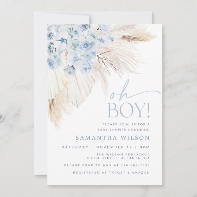 Invitación Baby Shower Blue Pampas Grass Boy (Anverso)