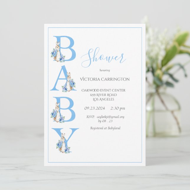 Invitación Baby Shower Blue Peter Rabbit Typography (Anverso de pie)