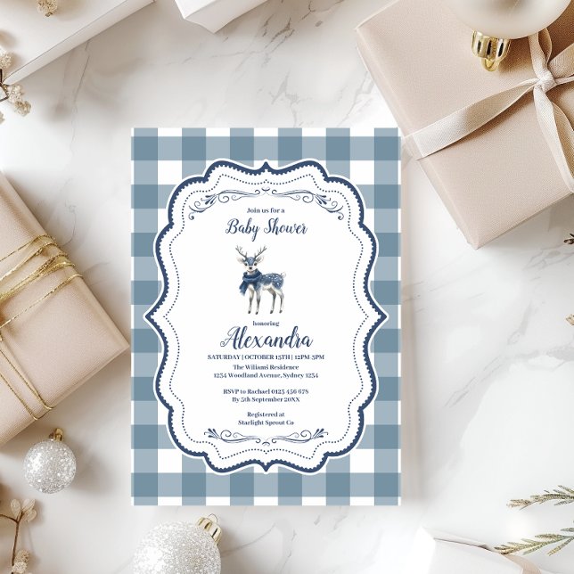 Invitación Baby Shower Blue Plaid Reindeer (Subido por el creador)