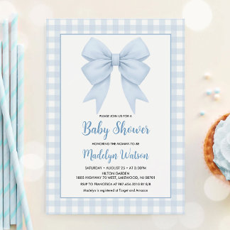Invitación Baby Shower Blue Plaid Y Blue Bow