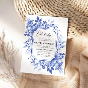 Invitación Baby Shower Blue Porcelain Floral Chinoiserie