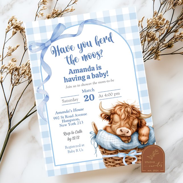 Invitación Baby Shower Blue Preppy Gingham Cow (Subido por el creador)