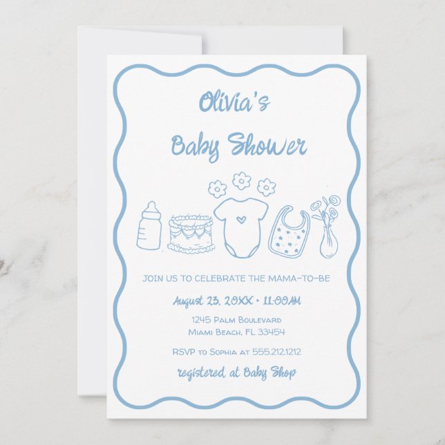 Invitación Baby Shower Blue Quirky Hand Drawavy Frame Boy (Anverso)
