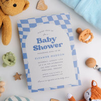 Baby Shower Blue Retro Groovy 70s Checkerboard