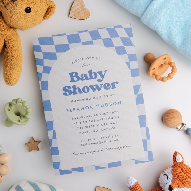 Invitación Baby Shower Blue Retro Groovy 70s Checkerboard (Baby shower invitation with blue checkerboard pattern and groovy, retro, 70s theme)
