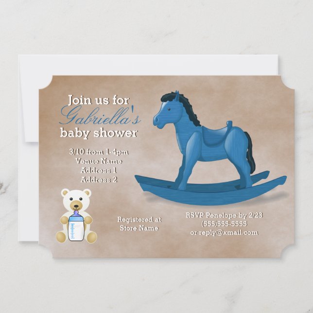 Invitación Baby Shower Blue Rocking Horse (Anverso)