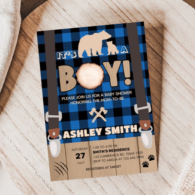 Invitación Baby Shower Blue Rustic Plaid Lumberjack (Plaid Lumberjack Baby Shower Invitation)
