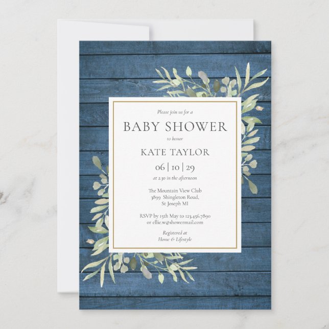 Invitación Baby Shower Blue Rustic Wood Greenery (Anverso)