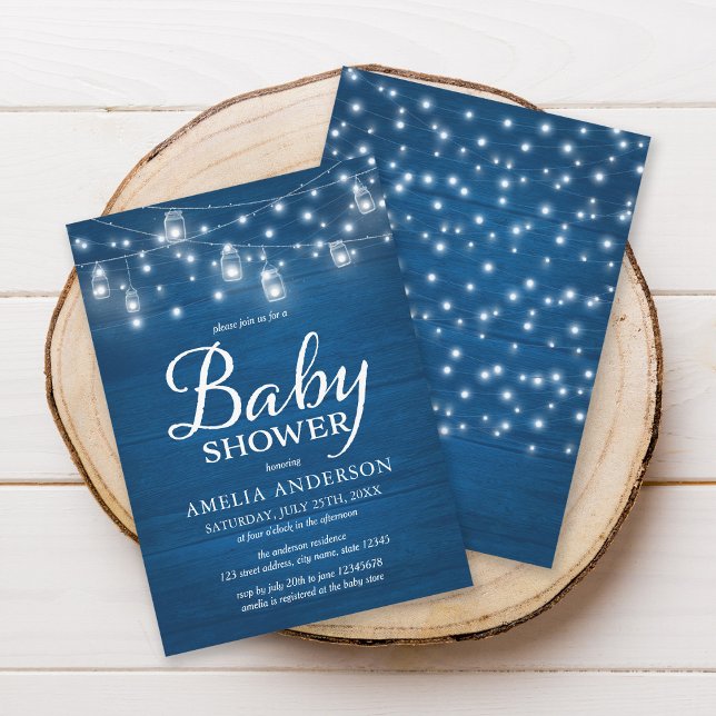 Invitación Baby Shower Blue Rustic Wood Mason Jars and Lights (Subido por el creador)