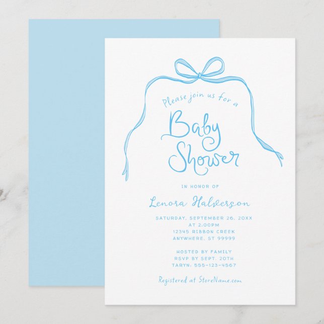 Invitación Baby Shower Blue Simple Bow (Anverso / Reverso)
