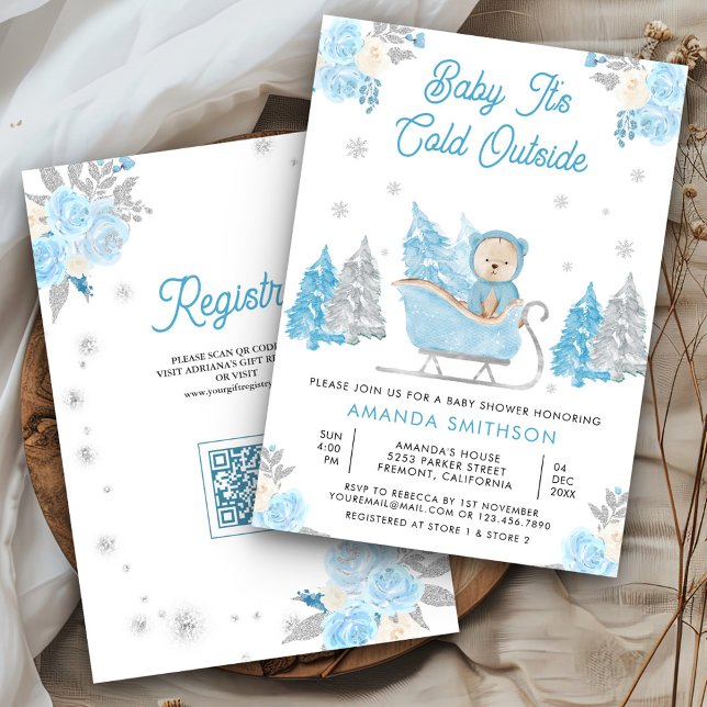 Invitación Baby Shower Blue Sleigh Cute Teddy Bear (Subido por el creador)