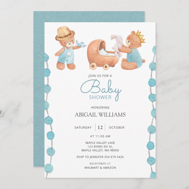 Invitación Baby Shower Blue Teddy Bear (Anverso / Reverso)