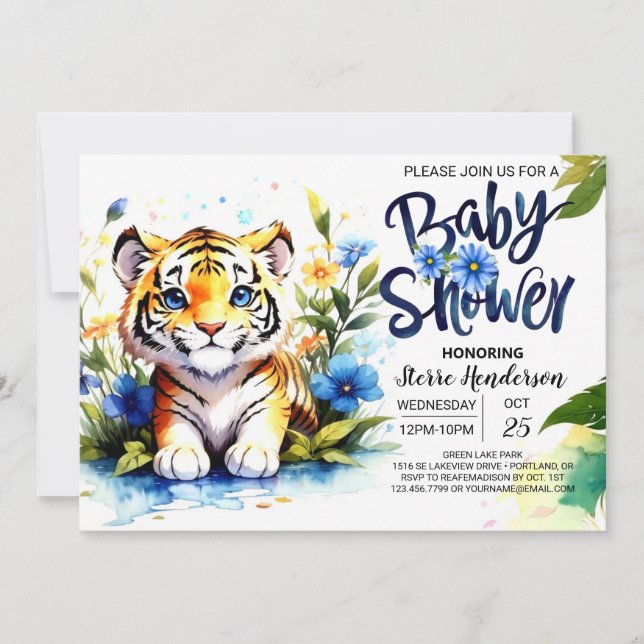 Invitación Baby Shower Blue Tiger Cub (Anverso)